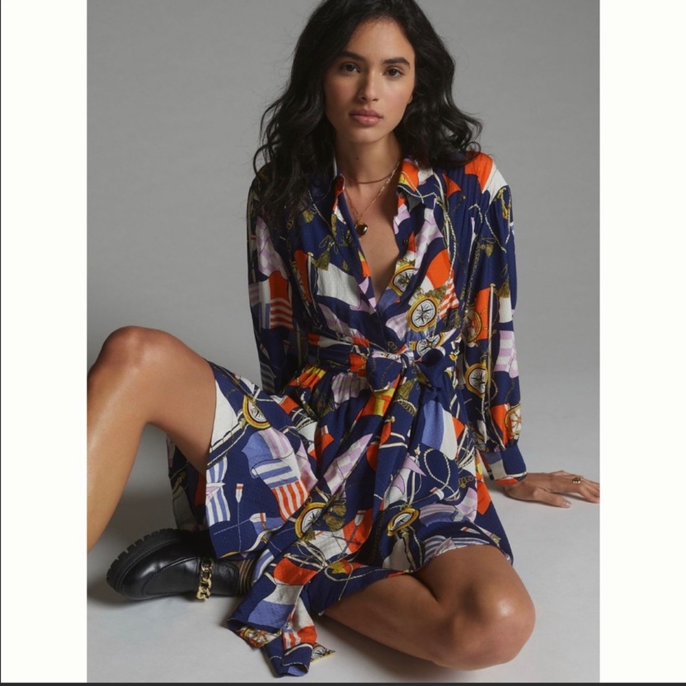 Anthropologie Maeve Shirt Dress Nautical Print with Tie Waist Size Small